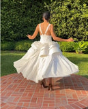 White Deep V Neck A-Line Jacquard Satin Party Dress Simple Evening Gowns HZ1024
