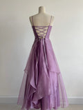 Purple Spaghetti Straps A-Line Tulle Long Prom Dresses Gothic Formal Evening Gowns HZ1024