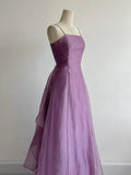 Purple Spaghetti Straps A-Line Tulle Long Prom Dresses Gothic Formal Evening Gowns HZ1024