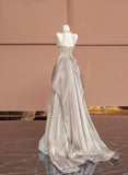 Champagne V-neck A-Line Beaded Tulle Long Prom Dresses Formal Evening Gowns HZ1024