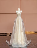 Champagne V-neck A-Line Beaded Tulle Long Prom Dresses Formal Evening Gowns HZ1024