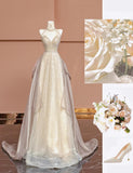 Champagne V-neck A-Line Beaded Tulle Long Prom Dresses Formal Evening Gowns HZ1024
