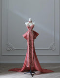 Dark Peach Mandarin Collar Sheath Printed Velvet Long Prom Dresses Formal Evening Gowns HZ1024