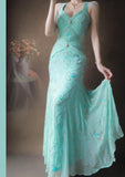 Tiffany Blue V-neck Mermaid Chiffon Beaded Long Prom Dresses Backless Formal Evening Gowns HZ1024