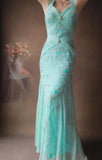 Tiffany Blue V-neck Mermaid Chiffon Beaded Long Prom Dresses Backless Formal Evening Gowns HZ1024