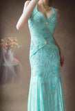 Tiffany Blue V-neck Mermaid Chiffon Beaded Long Prom Dresses Backless Formal Evening Gowns HZ1024