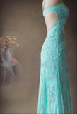 Tiffany Blue V-neck Mermaid Chiffon Beaded Long Prom Dresses Backless Formal Evening Gowns HZ1024