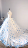 White Strapless Tulle A-Line Train Wedding Dress with 3D Butterflies HZ1024