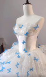 White Strapless Tulle A-Line Train Wedding Dress with 3D Butterflies HZ1024