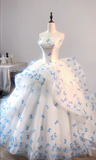 White Strapless Tulle A-Line Train Wedding Dress with 3D Butterflies HZ1024
