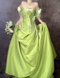 Green Off Shoulder A-Line Satin Long Prom Dresses Formal Evening Gowns HZ1024