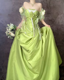 Green Off Shoulder A-Line Satin Long Prom Dresses Formal Evening Gowns HZ1024