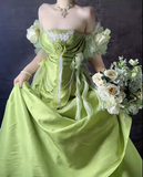 Green Off Shoulder A-Line Satin Long Prom Dresses Formal Evening Gowns HZ1024