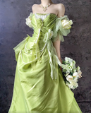 Green Off Shoulder A-Line Satin Long Prom Dresses Formal Evening Gowns HZ1024