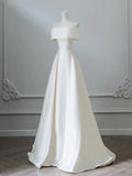 Off Shoulder Satin Light Champagne Long Prom Dress, Light Champagne Evening Dress HZ1024