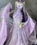 Purple Strapless Mermaid Tulle Applique Long Prom Dresses Sweet 16 Evening Gowns HZ1024
