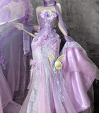 Purple Strapless Mermaid Tulle Applique Long Prom Dresses Sweet 16 Evening Gowns HZ1024