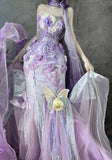 Purple Strapless Mermaid Tulle Applique Long Prom Dresses Sweet 16 Evening Gowns HZ1024