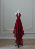 Red Round Neck A-Line Tulle Hi-Lo Prom Dresses Formal Evening Gowns HZ1024