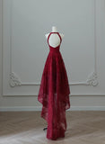 Red Round Neck A-Line Tulle Hi-Lo Prom Dresses Formal Evening Gowns HZ1024