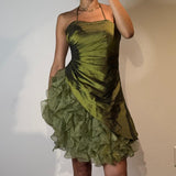 Dark Green Spaghetti Strap A-Line Satin Tulle Short Prom Dresses Homecoming Dresses HZ1024