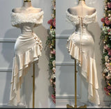 Light Champagne Off-the-shoulder Bodycon Satin Ruffle Short Prom Dresses Homecoming Dresses HZ1024