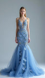Blue Deep V Neck Tulle Mermaid Applique Long Prom Dresses Formal Evening Dress HZ1024