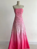 Gradient Pink Strapless A-Line Satin Prom Dresses Vintage Beaded Evening Gowns HZ1024
