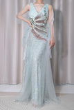 Light Green V-Neck Tulle A-Line Lace Sequins Prom Dresses Formal Backless Evening Gowns HZ1024