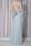 Light Green V-Neck Tulle A-Line Lace Sequins Prom Dresses Formal Backless Evening Gowns HZ1024