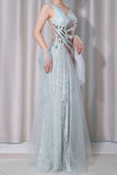 Light Green V-Neck Tulle A-Line Lace Sequins Prom Dresses Formal Backless Evening Gowns HZ1024