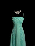 Green Spaghetti Straps Satin Beading Empire Prom Dresses Vintage Formal Evening Gowns HZ1024