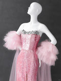 Pink Strapless Mermaid Sequin Long Prom Dresses Formal Evening Gowns HZ1024
