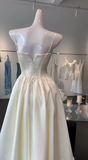 Cream Spaghetti Straps A-Line Satin Short Prom Dresses Birthday Evening Gowns HZ1024