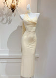 Butter Yellow Asymmetric Neck Chiffon Bodycon Party Dress Short Prom Dresses HZ1024