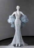 Silver V-neck Mermaid Beaded Sequin Long Prom Dresses Train Wedding Dress HZ1024