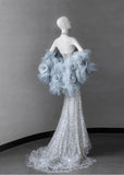 Silver V-neck Mermaid Beaded Sequin Long Prom Dresses Train Wedding Dress HZ1024