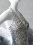Silver V-neck Mermaid Beaded Sequin Long Prom Dresses Train Wedding Dress HZ1024