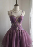 Spaghetti Straps Purple A-Line Tulle Short Prom Dresses Homecoming Dresses with Rhinestones HZ1024