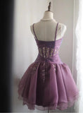 Spaghetti Straps Purple A-Line Tulle Short Prom Dresses Homecoming Dresses with Rhinestones HZ1024