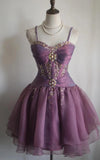 Spaghetti Straps Purple A-Line Tulle Short Prom Dresses Homecoming Dresses with Rhinestones HZ1024