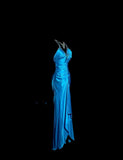 Blue V-neck Mermaid Beaded Satin Long Prom Dresses Backless Evening Gowns HZ1024