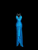 Blue V-neck Mermaid Beaded Satin Long Prom Dresses Backless Evening Gowns HZ1024