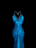 Blue V-neck Mermaid Beaded Satin Long Prom Dresses Backless Evening Gowns HZ1024