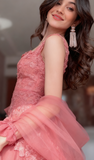 Hot Pink Square Neck Mermaid Tulle Appliques Long Prom Dresses Formal Evening Gowns with Capes HZ1024