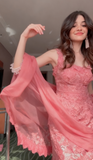 Hot Pink Square Neck Mermaid Tulle Appliques Long Prom Dresses Formal Evening Gowns with Capes HZ1024
