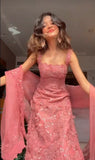Hot Pink Square Neck Mermaid Tulle Appliques Long Prom Dresses Formal Evening Gowns with Capes HZ1024