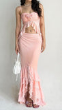 Pink Spaghetti Strap Mermaid Chiffon Party Dress with Ruffles HZ1024
