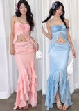 Pink Spaghetti Strap Mermaid Chiffon Party Dress with Ruffles HZ1024