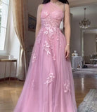 Pink One Shoulder A-Line Tulle Applique Long Prom Dresses Formal Evening Gowns HZ1024